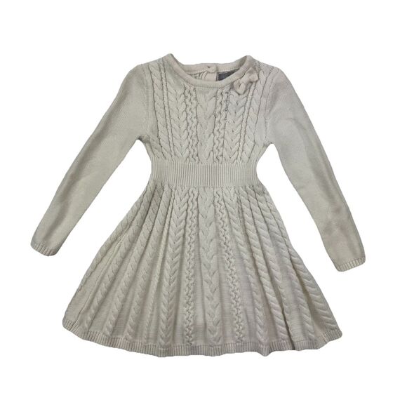 Tahari Kids 3T Cable Knit Sweater Dress Cream Long Sleeve Cotton Blend Bow - Picture 1 of 11